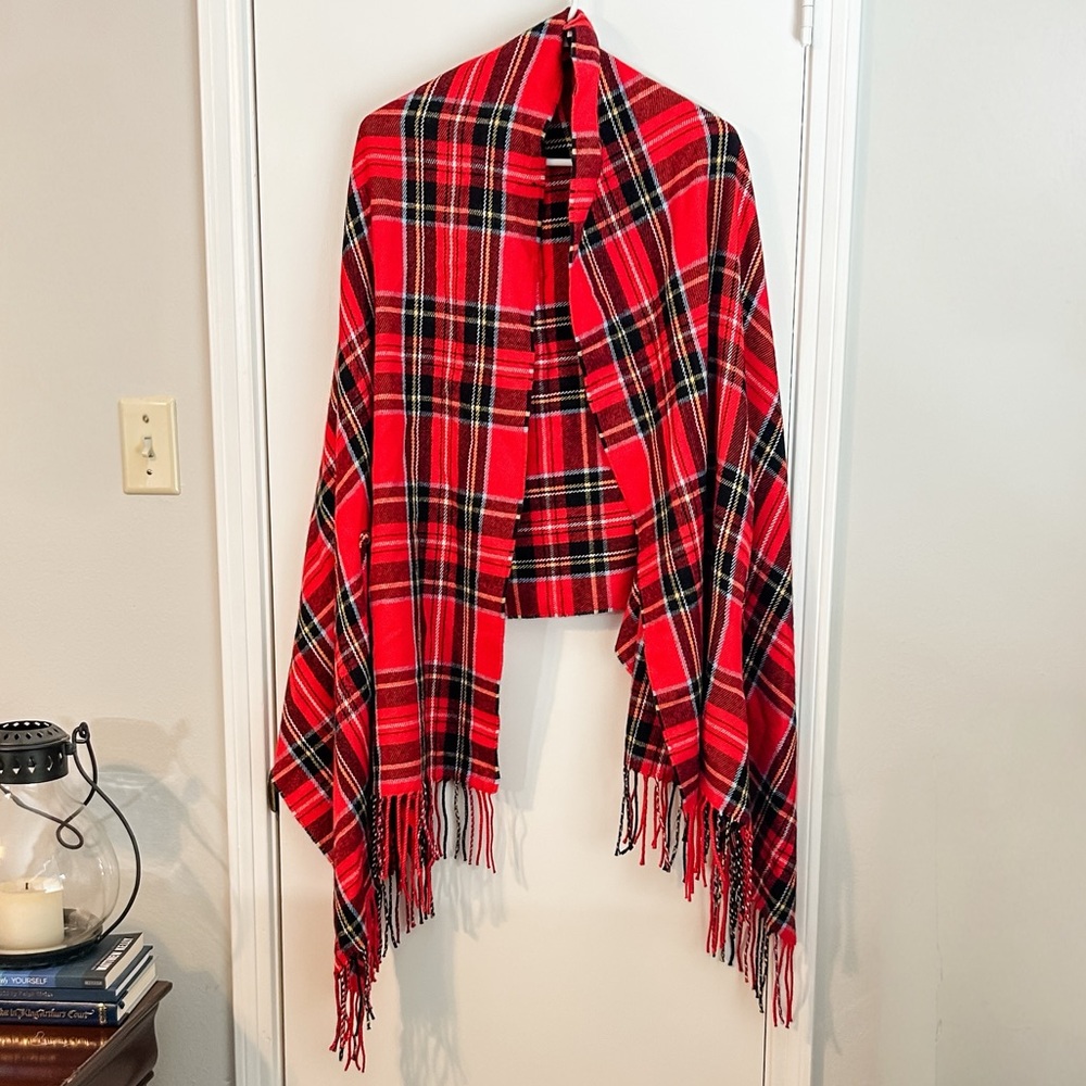 J. Crew Red and Black Plaid Wrap with Fringe NWOT